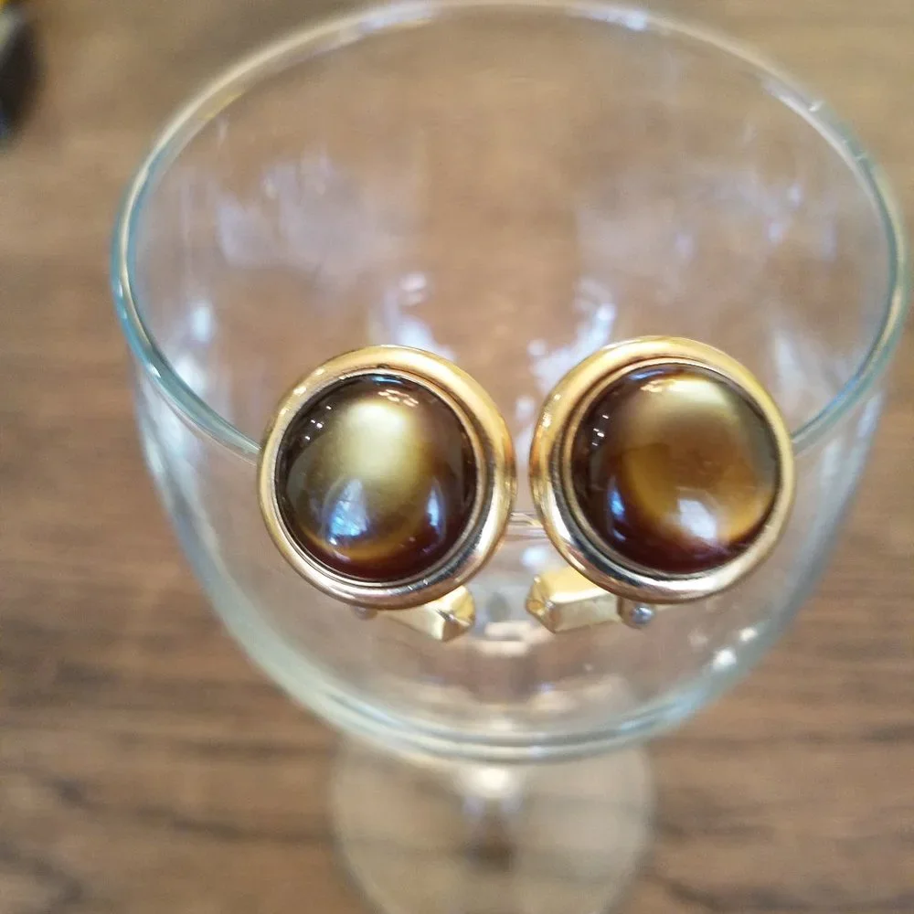 Vintage Gold Tone with Brown Stone Cuff Links